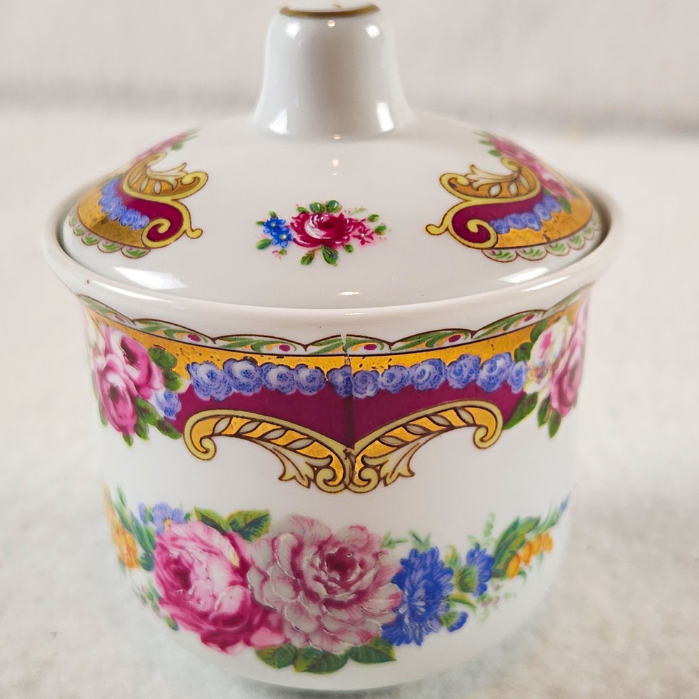 Vintage DEPOS Porcelain Lidded Sugar Bowl Hand Painted Floral Gold Trim Italy 4"
